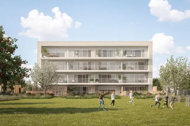 Geel Laar appartementen zuidgerichte terrassen wandelen mensen groen park bomen