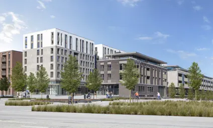 Sleek and modern buildings in Quartier Bleu, Hasselt, featuring contemporary design.