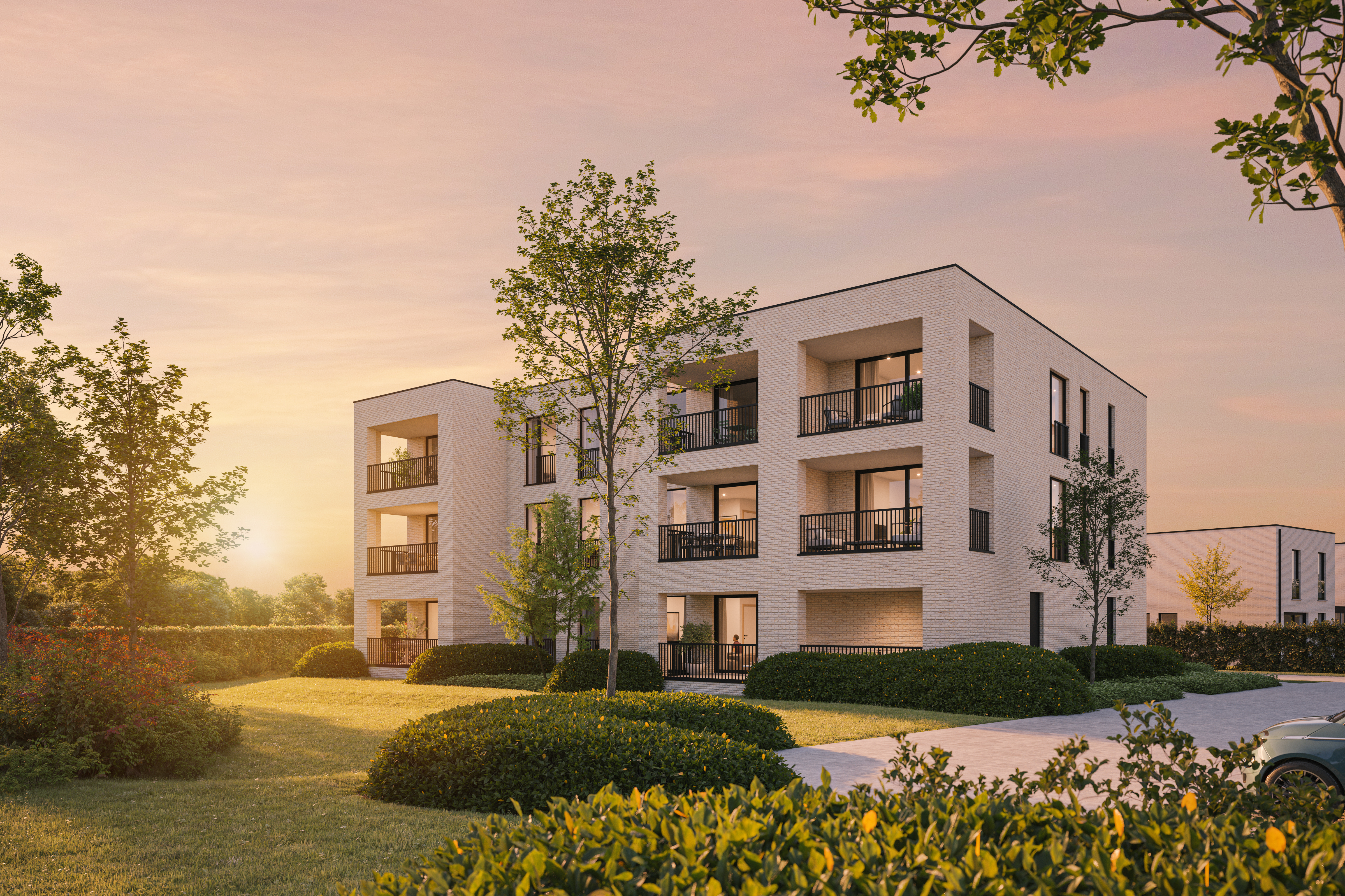 appartementen exterieur tuingevel avond