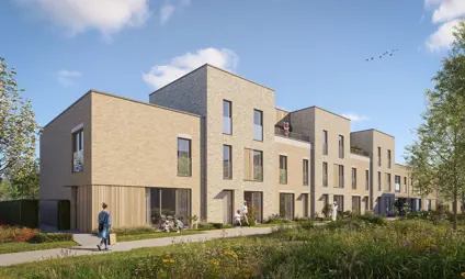 Geel Laar woningen groene omgeving gras bomen blauwe lucht mensen