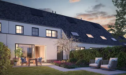 essen schildershof Stijlvolle architectuur en harmonieus geïntegreerde tuinen terras tuinstoelen gras avond licht