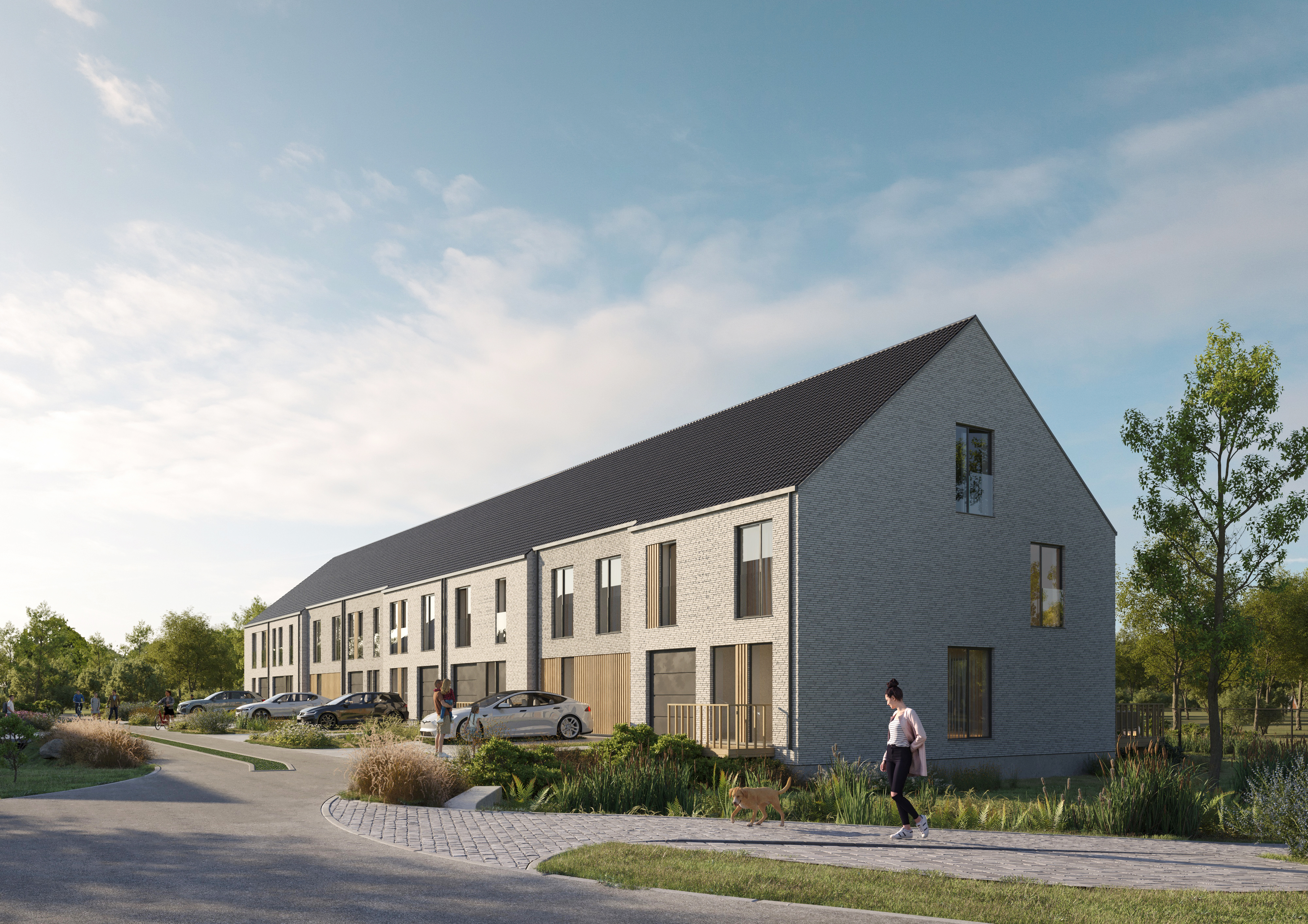 woningen kessel-lo halfopen en gesloten bebouwingen met zadeldak, moderne maar tijdloze architectuur in een lichte gevelsteen, donker dak en houten sierelementen in de gevel