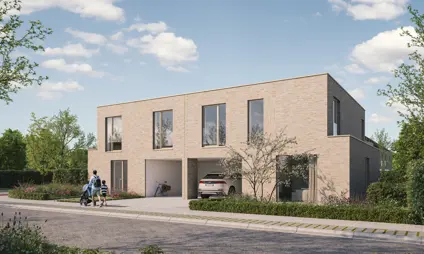 Modern duplex house, light-colored bricks, two garages, car inside. Varsenare.