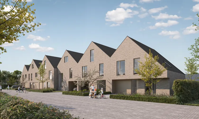 Rij moderne woningen, zadeldaken, lichtgekleurde baksteen, grote ramen, persoon met fiets. Varsenare.