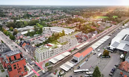 geel station luchtbeeld groen daken