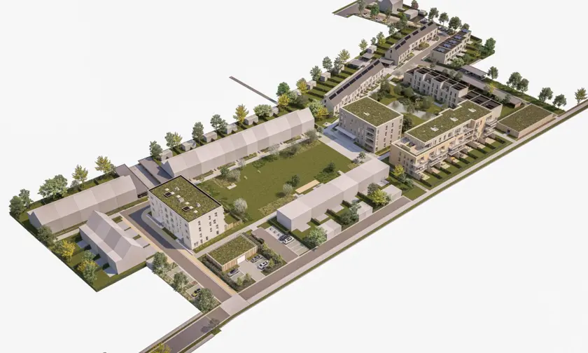 Geel Laar appartementen woningen luchtbeeld zuidgerichte terrassen wandelen mensen groen park bomen