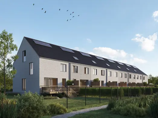 woningen kessel-lo halfopen en gesloten bebouwingen met zadeldak, moderne maar tijdloze architectuur in een lichte gevelsteen, donker dak en houten sierelementen in de gevel