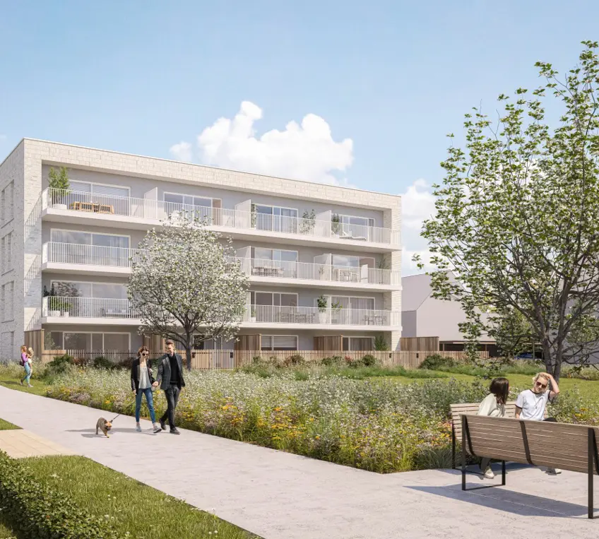 Geel Laar appartementen zuidgerichte terrassen wandelen mensen groen park bomen