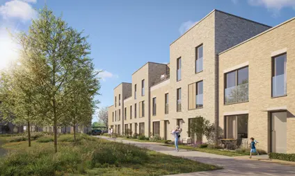 Geel Laar woningen groene omgeving gras bomen blauwe lucht mensen zon