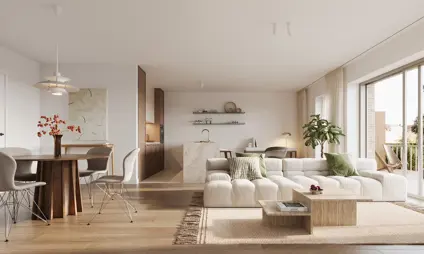 Interieur halfopen woningen in Kessel-Lo met open indeling, open en lichte leefkeuken en leefruimte 