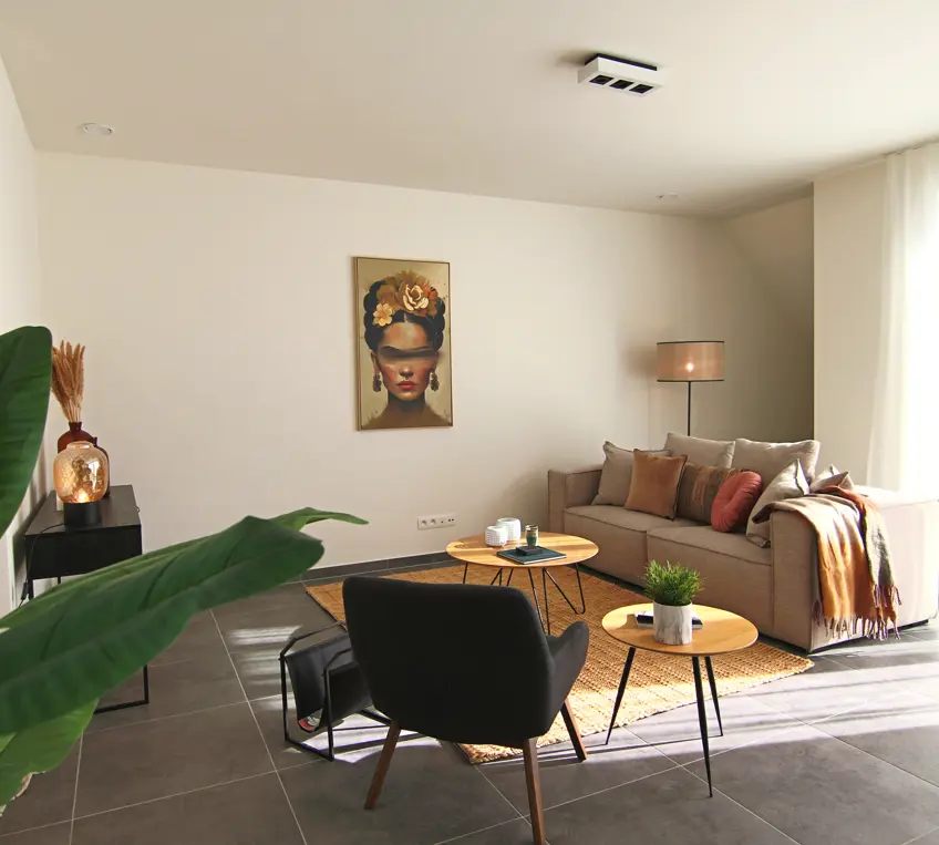 De leefruimte van het Matexi kijkappartement in Haacht