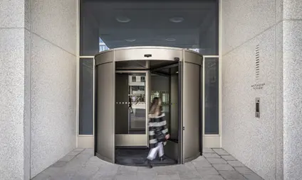 antwerp tower city vibe entrance revolving door walking lady