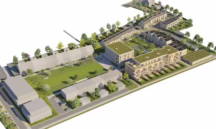 Geel Laar appartementen woningen groene omgeving gras bomen terras water wadi blauwe lucht mensen luchtbeeld