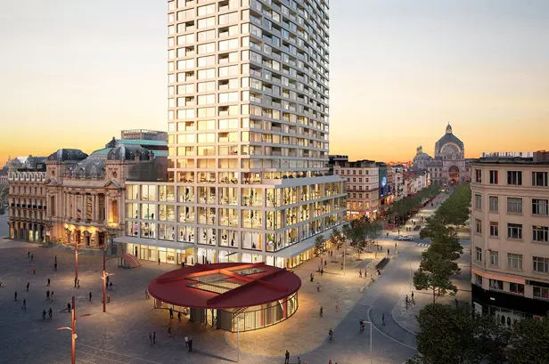 Zicht vanop straat op de Antwerp Tower