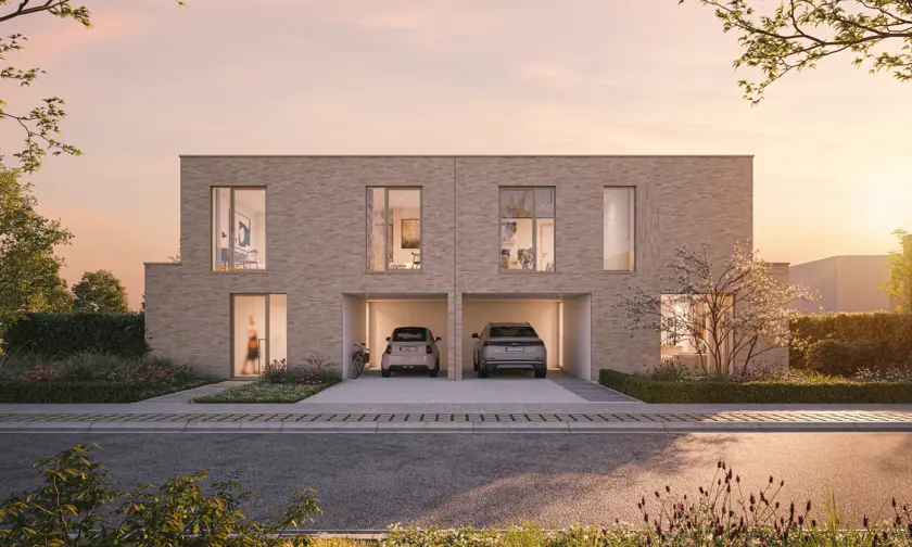 Moderne halfopen bebouwing, twee garages met auto's, lichtgekleurde baksteen, grote ramen, bomen, roze lucht.