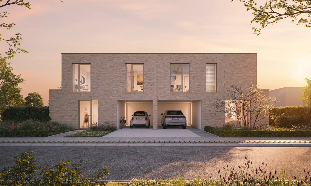 Modern duplex house, two garages with cars, light-colored bricks, large windows, trees, pink sky.