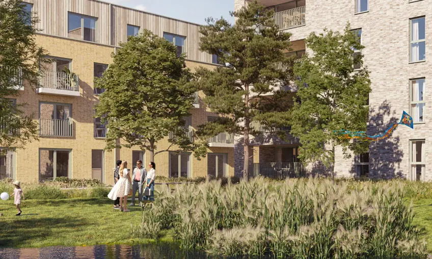 Geel Laar appartementen groene omgeving gras bomen terras water wadi