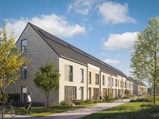 Geel Laar woningen groene omgeving gras bomen terras blauwe lucht